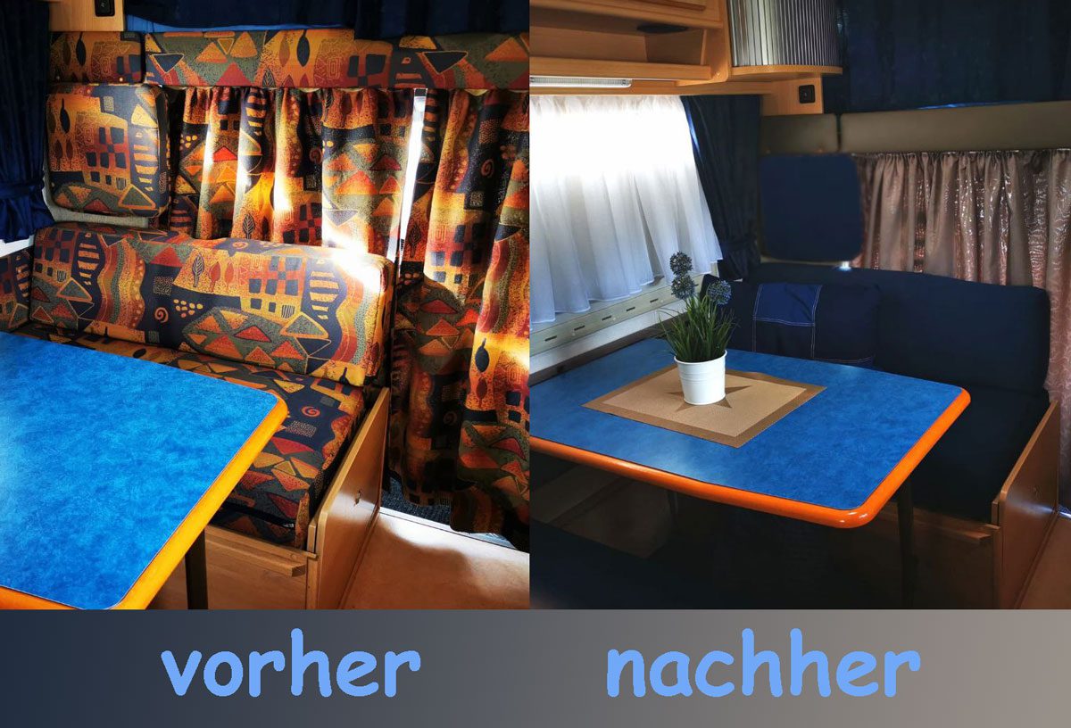 Wohnwagenpolster beziehen vorher nachher